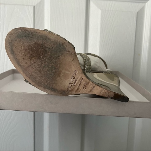 Jimmy Choo 247 Fearne Champagne/Gold Glitter Fabric Wedge Sandal; Size 37.5 - Picture 5 of 10